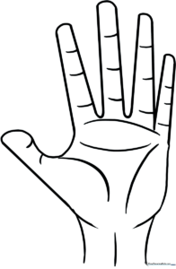 Black and white line art of an open human hand with clear outlines, designed for children to practice coloring within the lines.