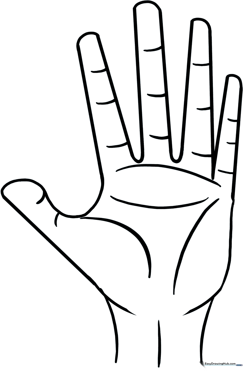 Black and white line art of an open human hand with clear outlines, designed for children to practice coloring within the lines.