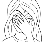 Black and white line art of a person with a hand partially covering their face, designed for educational coloring and anatomy practice.