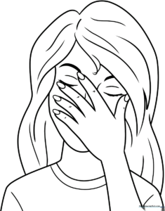 Black and white line art of a person with a hand partially covering their face, designed for educational coloring and anatomy practice.