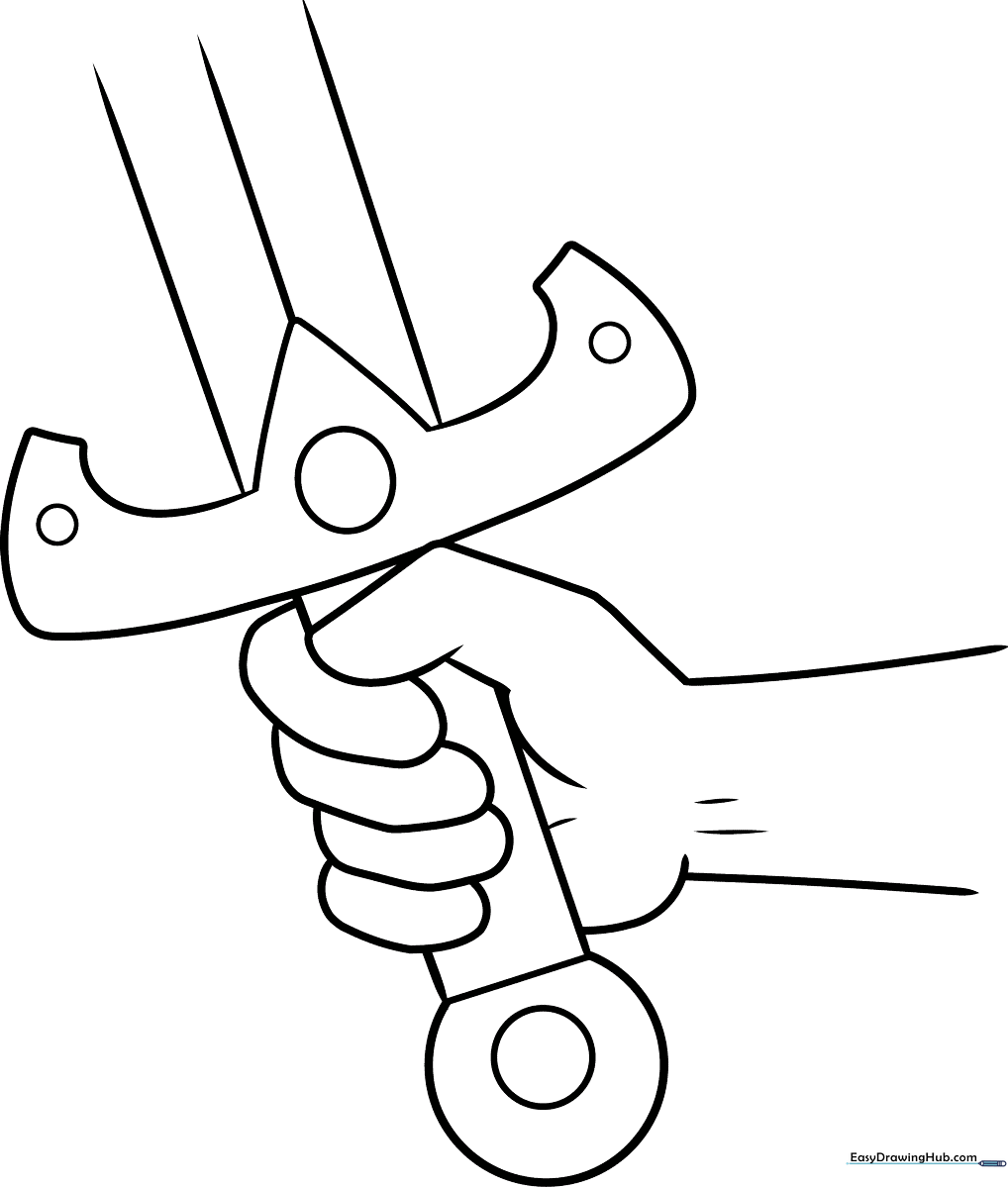 Black and white line art of a hand gripping a classic sword hilt, featuring clear outlines for easy coloring by children.