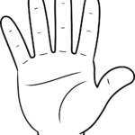 A clean, black-and-white line drawing of an open human hand with fingers spread, designed for easy coloring and tracing practice.