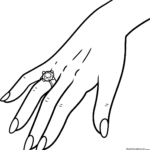 Black and white line art of a hand wearing a ring, featuring clear outlines for easy coloring by children.