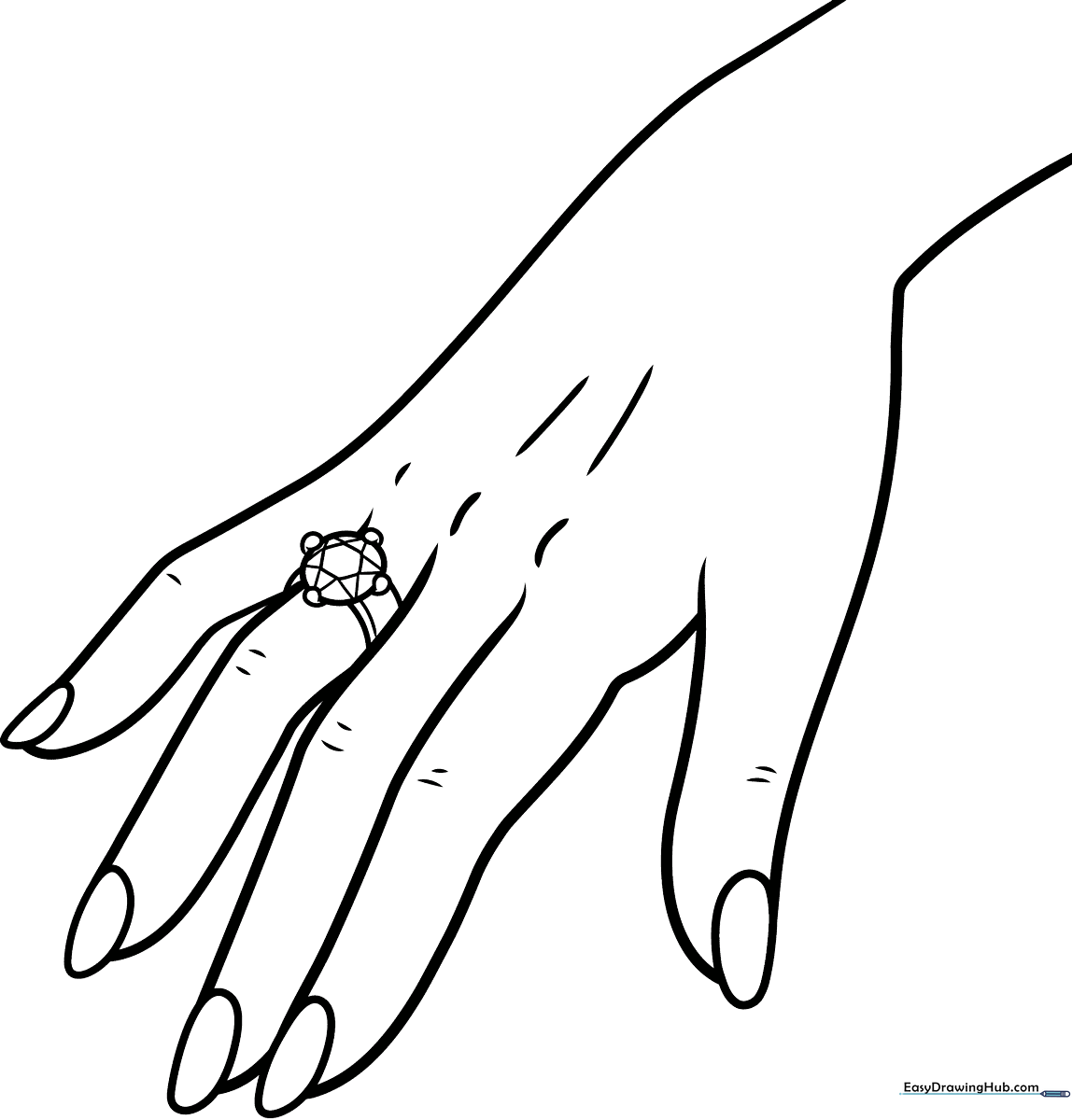 Black and white line art of a hand wearing a ring, featuring clear outlines for easy coloring by children.