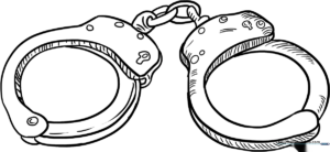 Black and white line art of a pair of handcuffs with a central chain link, designed for children to color.
