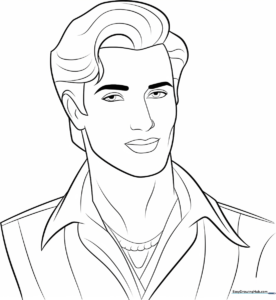 Black and white line art of Handsome Ken, featuring clean outlines for easy coloring, ideal for children's art projects.