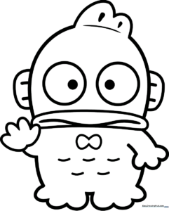 Black and white line art of Hangyodon the fish character from Sanrio, featuring bold outlines for easy coloring by children.