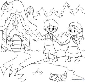 Line art illustration of Hansel and Gretel holding hands, featuring clean outlines for children to color with markers or crayons.