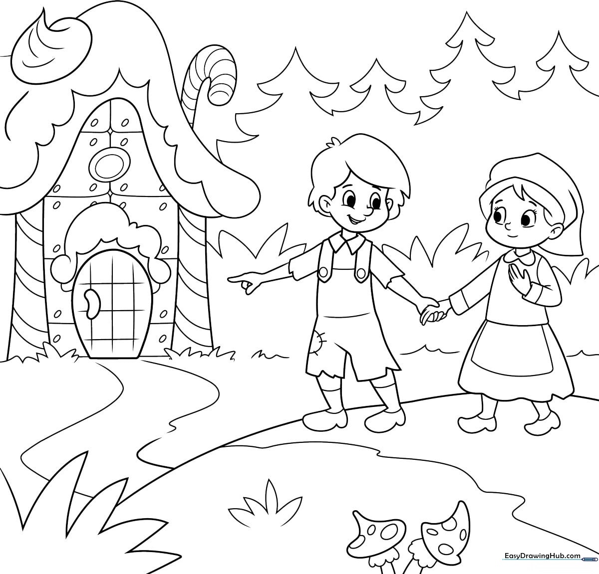 Line art illustration of Hansel and Gretel holding hands, featuring clean outlines for children to color with markers or crayons.