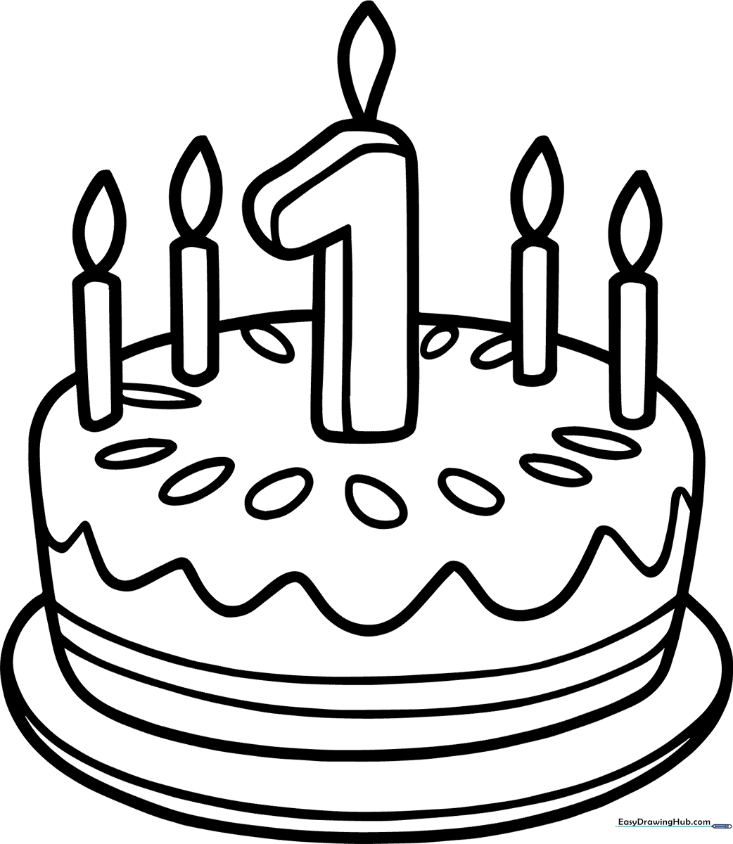 A festive 1st birthday card coloring page featuring a large number one, balloons, and decorative party elements with bold, clean outlines for easy coloring.