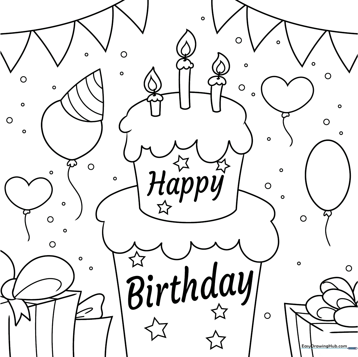 Black and white line art of a festive Happy Birthday card featuring bold lettering and decorative balloons, ready for kids to color.