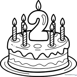 Black and white line art of a birthday card featuring a large number two, perfect for toddlers to color with crayons or markers.
