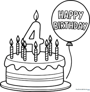 A printable coloring page featuring a large number four surrounded by festive birthday decorations, designed for children to color and fold into a greeting card.