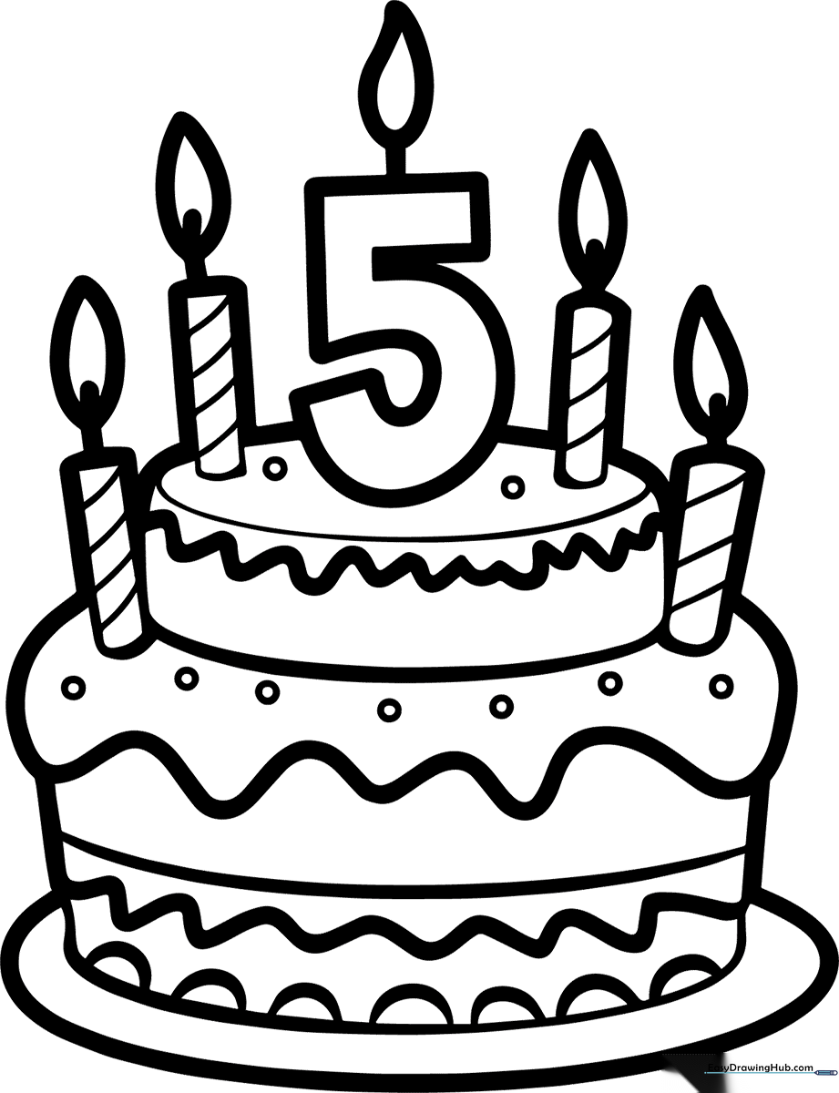 Black and white line art of a birthday card featuring a large number 5, stars, and balloons, ready for children to color.