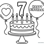 Black and white line art of a festive 7th birthday card featuring bold lettering and decorative party elements ready for coloring.