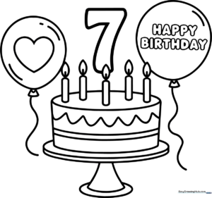 Black and white line art of a festive 7th birthday card featuring bold lettering and decorative party elements ready for coloring.