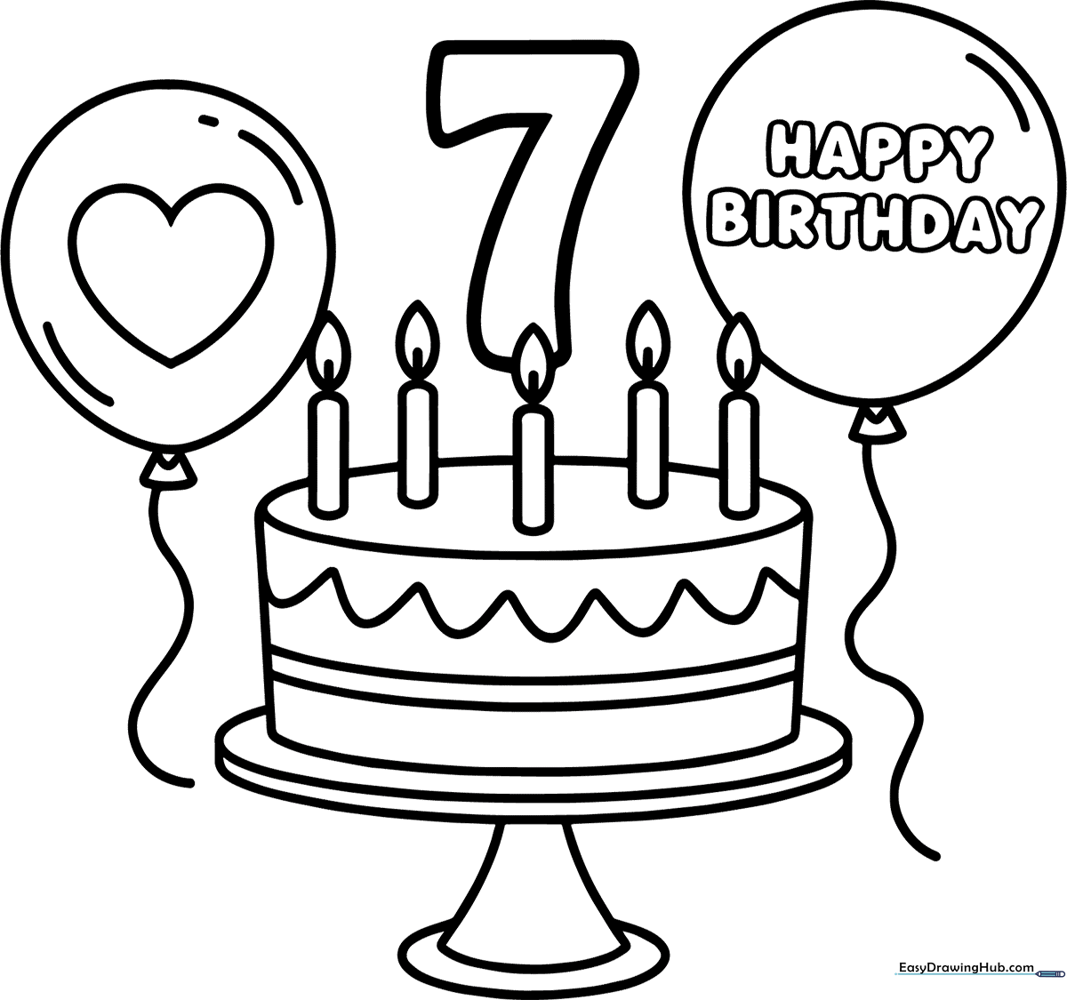 Black and white line art of a festive 7th birthday card featuring bold lettering and decorative party elements ready for coloring.