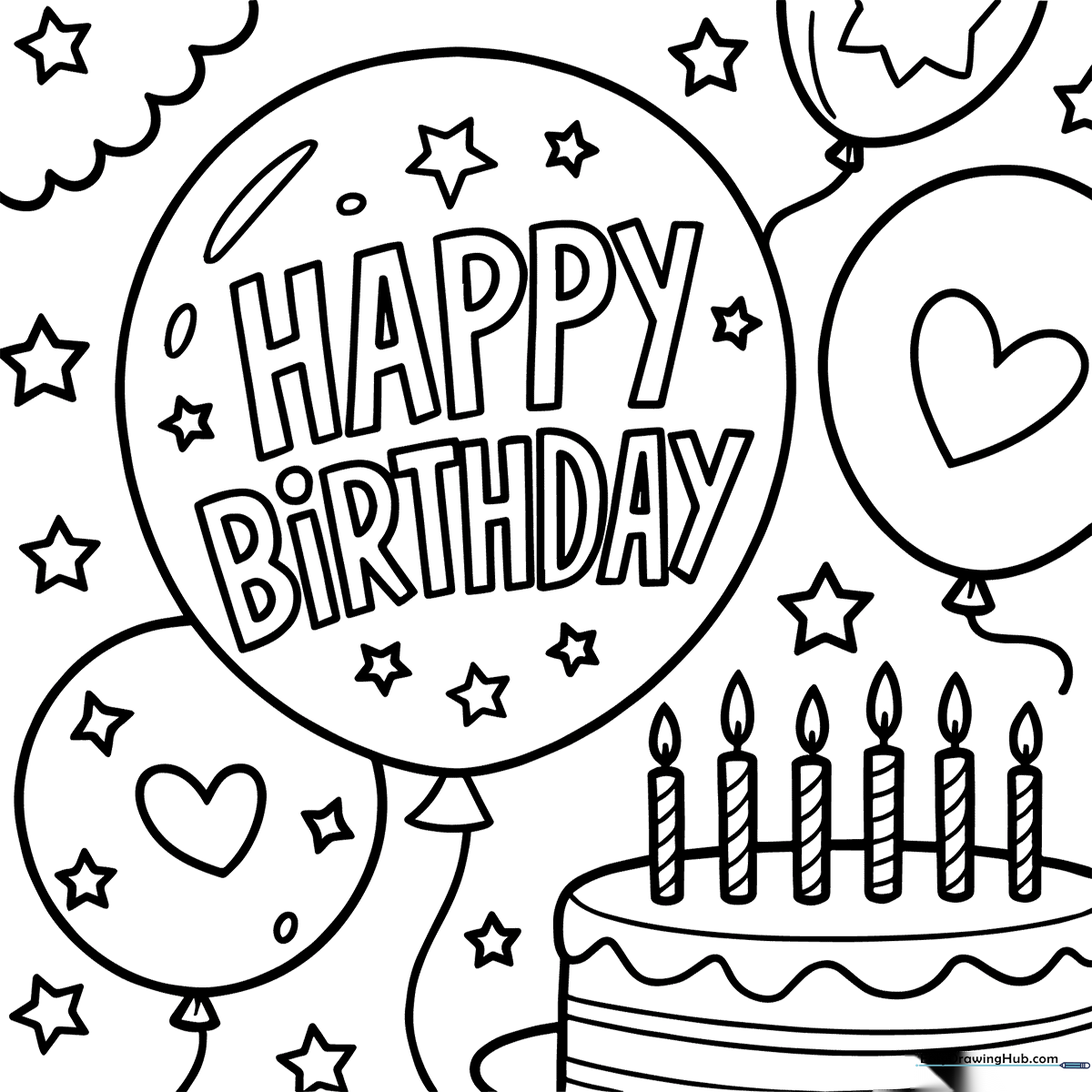 A festive birthday card coloring sheet featuring a tiered cake with candles and floating balloons with clear, bold outlines for easy coloring.