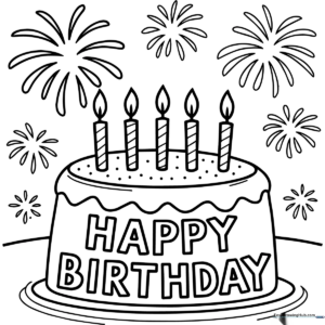 Black and white line art of a birthday card featuring large, star-shaped fireworks and bold lettering, ready for children to color.