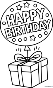 Black and white line art of a birthday card with a bow flying through the air, designed for children to color.