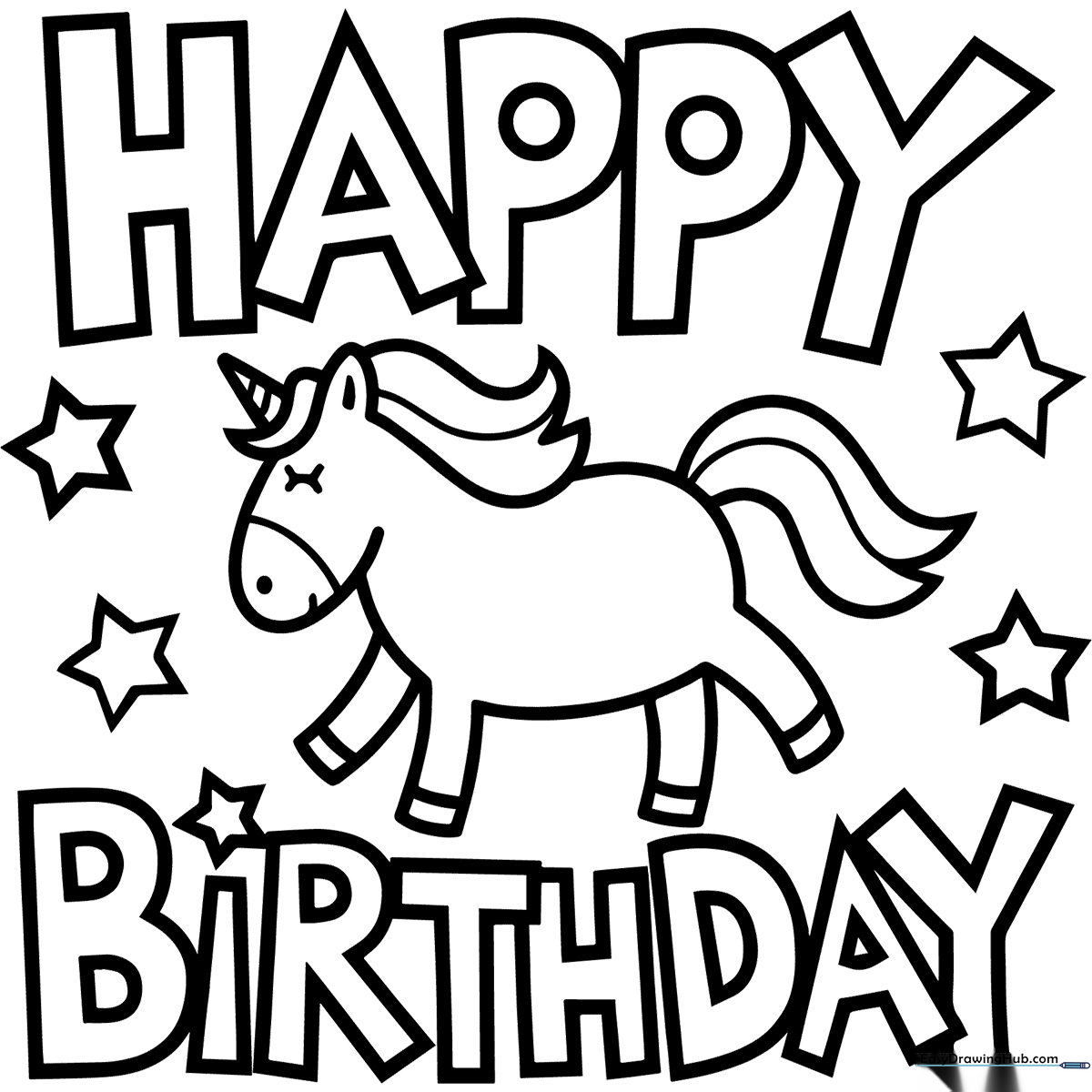 Black and white line art of a cute unicorn holding a birthday cake, designed as a foldable greeting card for children to color.