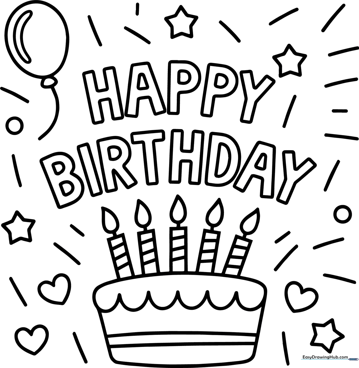 Black and white line art of a festive birthday card surrounded by party decorations, ready for children to color with markers or crayons.
