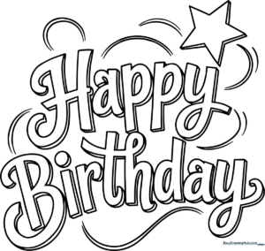 A cheerful cartoon star character holding a birthday sign, featuring bold outlines perfect for young artists practicing coloring within the lines.