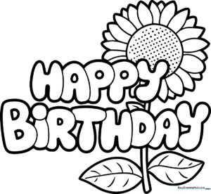 Black and white line art of a smiling sunflower with birthday text, designed as a foldable greeting card for children to color.