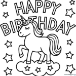 A printable coloring page featuring a cute cartoon unicorn surrounded by twinkling stars and a Happy Birthday banner, perfect for children to color.