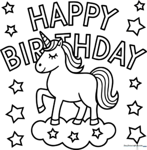 A printable coloring page featuring a cute cartoon unicorn surrounded by twinkling stars and a Happy Birthday banner, perfect for children to color.