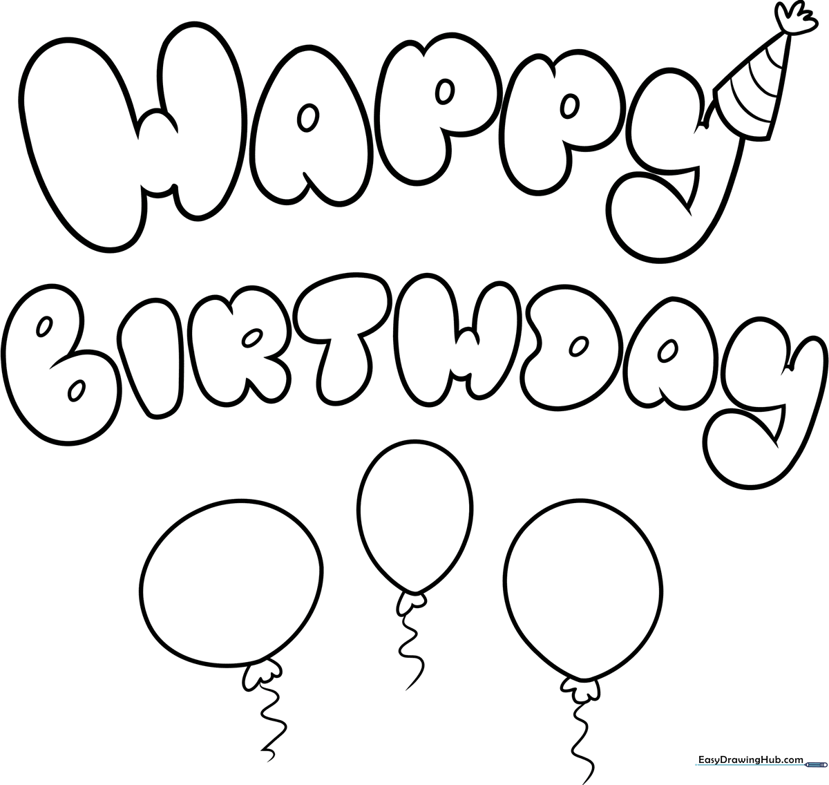 Black and white line art of the words Happy Birthday in rounded, playful bubble letters, ready for children to color with crayons or markers.