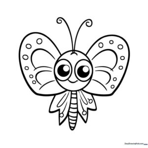 A friendly cartoon butterfly with large, simple wing patterns, ideal for children learning to color within defined boundaries.
