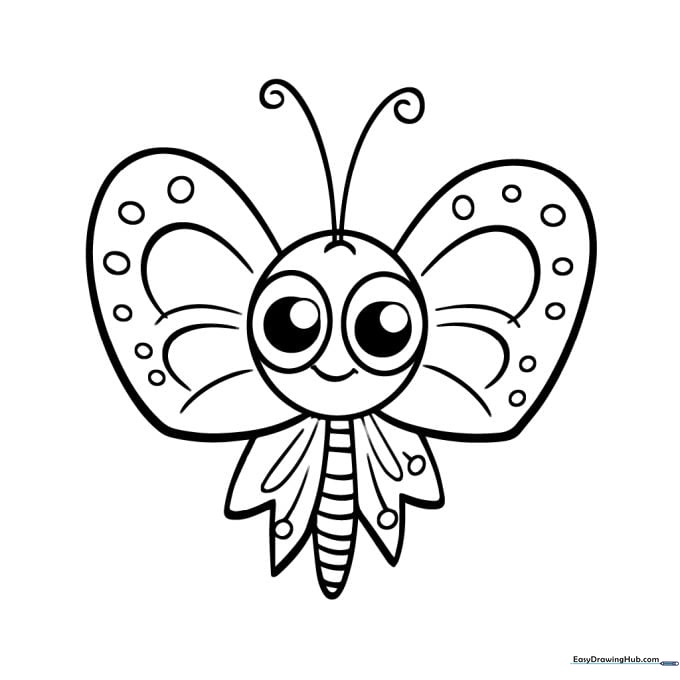 A friendly cartoon butterfly with large, simple wing patterns, ideal for children learning to color within defined boundaries.