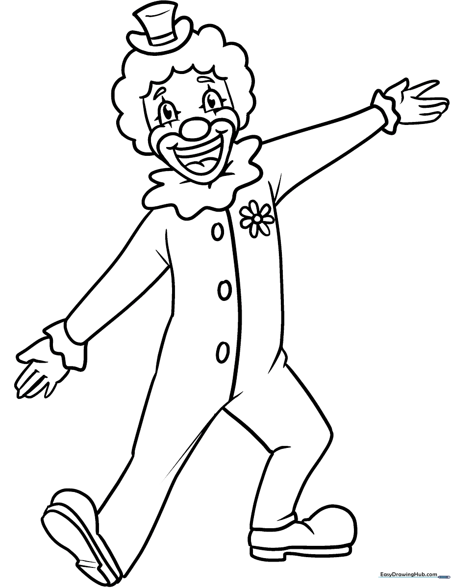 A friendly cartoon clown with a wide smile and oversized bow tie, featuring clean, thick outlines for easy coloring by children.