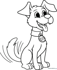 Black and white line art of a happy cartoon puppy with a wagging tail, designed for children to color with crayons or markers.