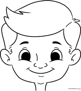 A simple, bold-lined happy face character with a wide smile and large eyes, designed as a coloring page for young children.