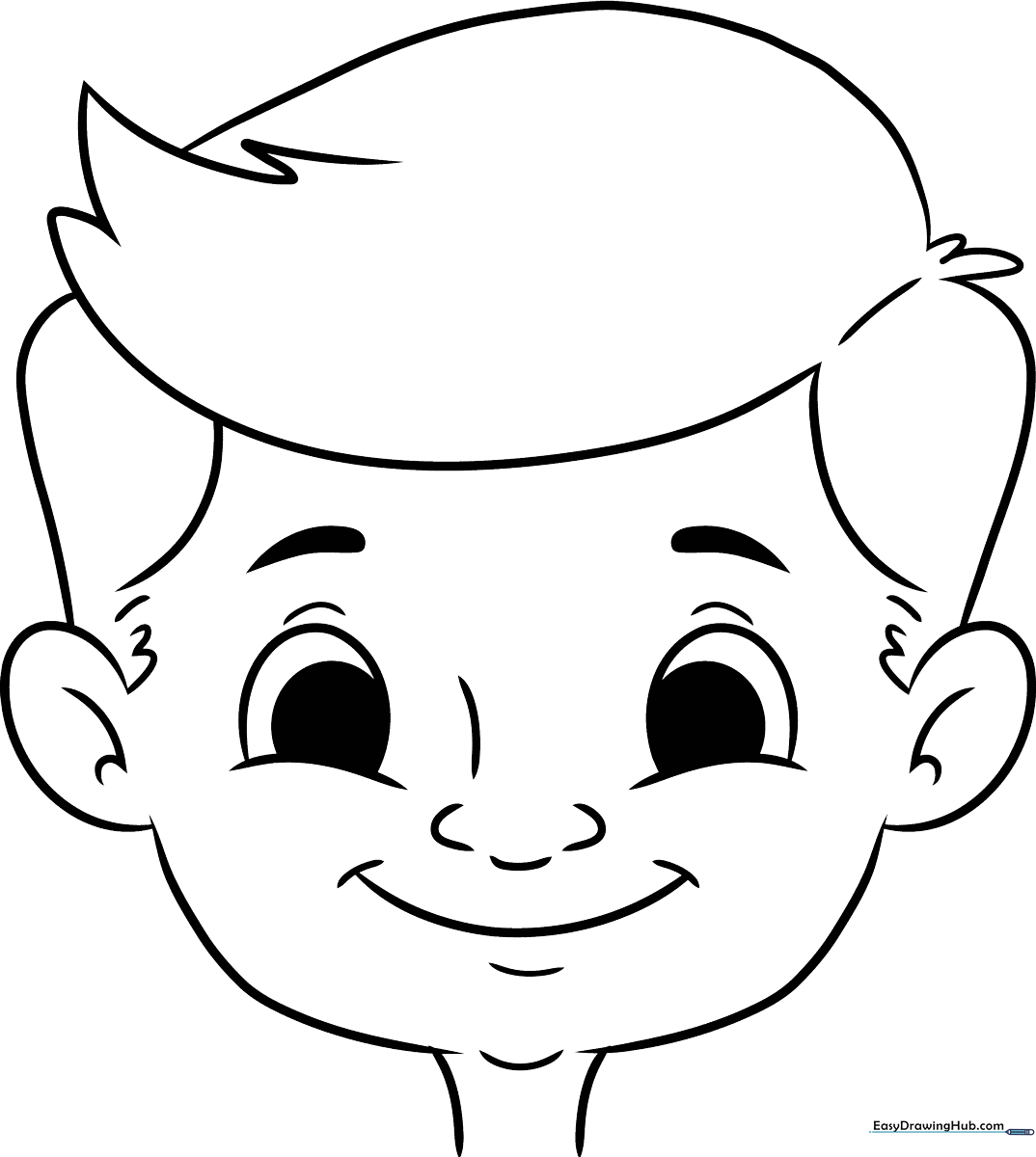 A simple, bold-lined happy face character with a wide smile and large eyes, designed as a coloring page for young children.