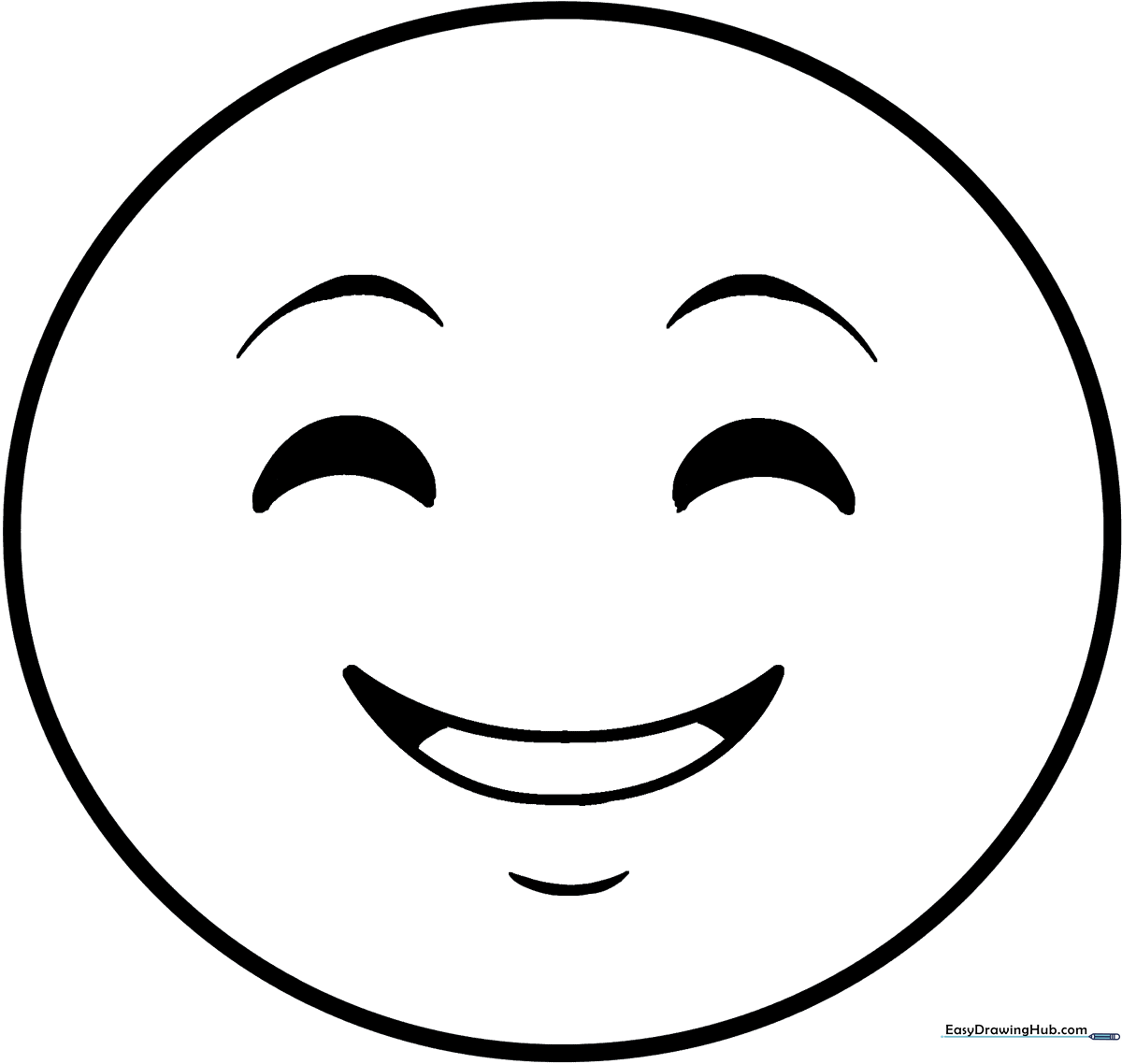 A clean, black-and-white line art illustration of a classic happy emoji with wide, joyful eyes and a broad, smiling mouth, ready for coloring.