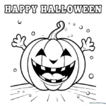 A festive Happy Halloween greeting card outline featuring pumpkins and seasonal decorations, designed for children to color with markers or crayons.