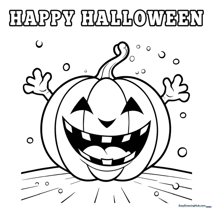 A festive Happy Halloween greeting card outline featuring pumpkins and seasonal decorations, designed for children to color with markers or crayons.