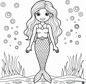 Line art illustration of a cheerful mermaid with flowing hair and a detailed tail, designed as a printable coloring activity for children.