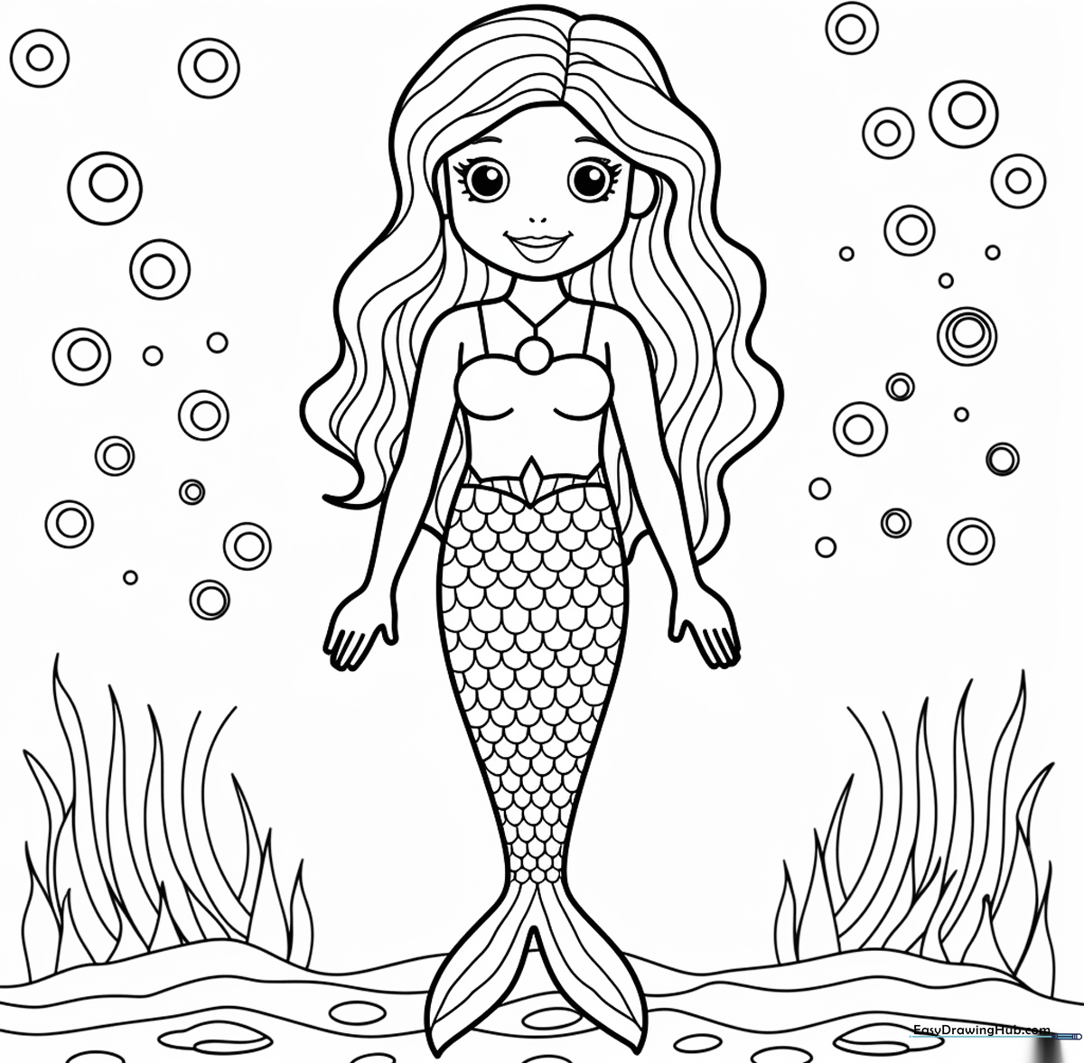 Line art illustration of a cheerful mermaid with flowing hair and a detailed tail, designed as a printable coloring activity for children.