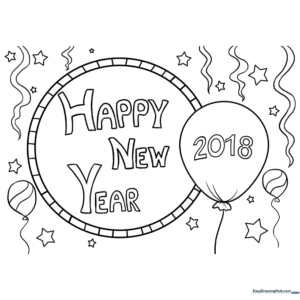 Black and white line art of the text 'Happy New Year 2018' featuring festive stars and decorative elements for children to color.