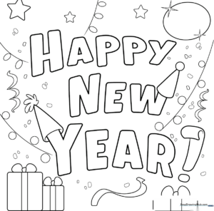 Black and white line art of a Happy New Year greeting card featuring celebratory text and festive holiday decorations ready for coloring.