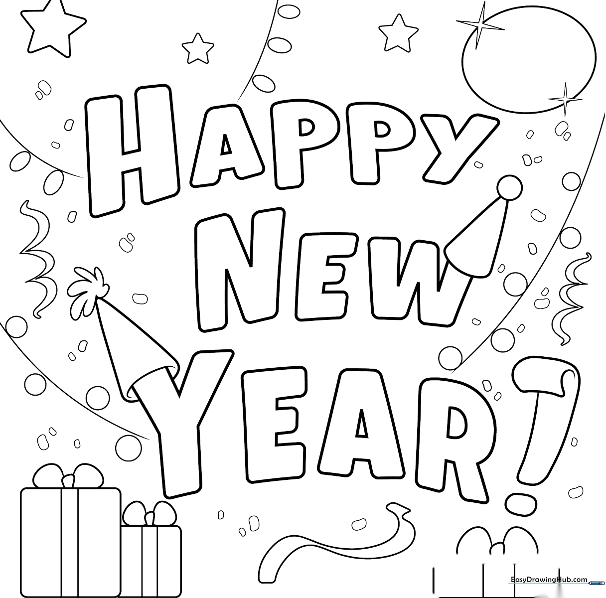 Black and white line art of a Happy New Year greeting card featuring celebratory text and festive holiday decorations ready for coloring.