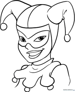 Black and white line art of Harley Quinn in her classic outfit, ready for coloring with markers or crayons.