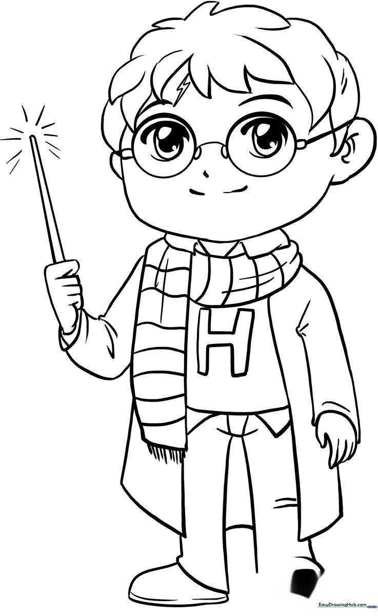 Black and white line art of Harry Potter wearing his iconic round glasses and Hogwarts robes, ready for coloring.