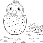 A clean, black-and-white line art illustration of a cute Hatchimal character, featuring large expressive eyes and a textured egg shell, ready for children to color.