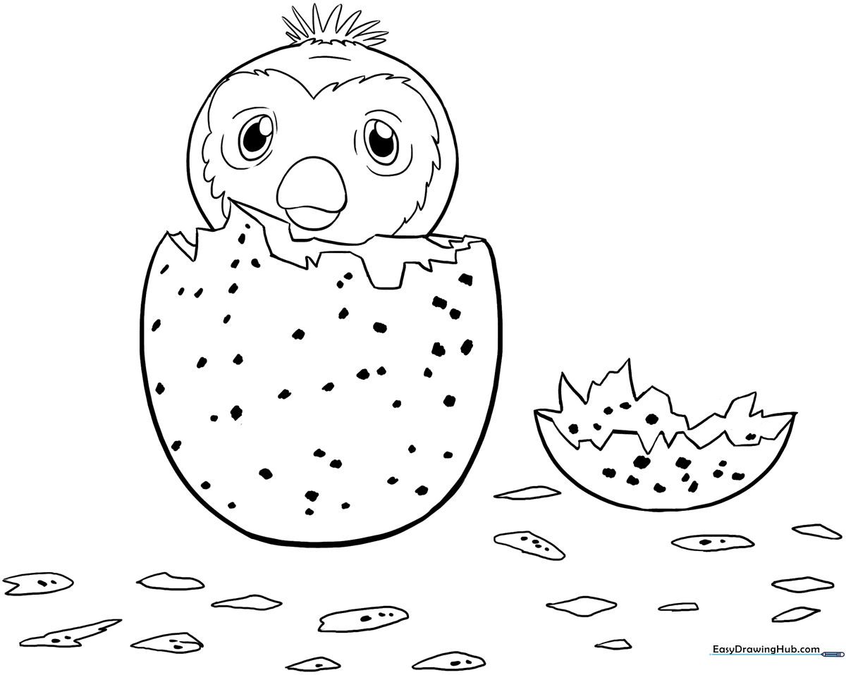 A clean, black-and-white line art illustration of a cute Hatchimal character, featuring large expressive eyes and a textured egg shell, ready for children to color.