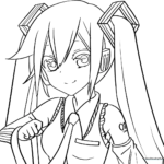Black and white line art of Hatsune Miku featuring her signature long twin-tails and school-style uniform, optimized for coloring with markers or pencils.